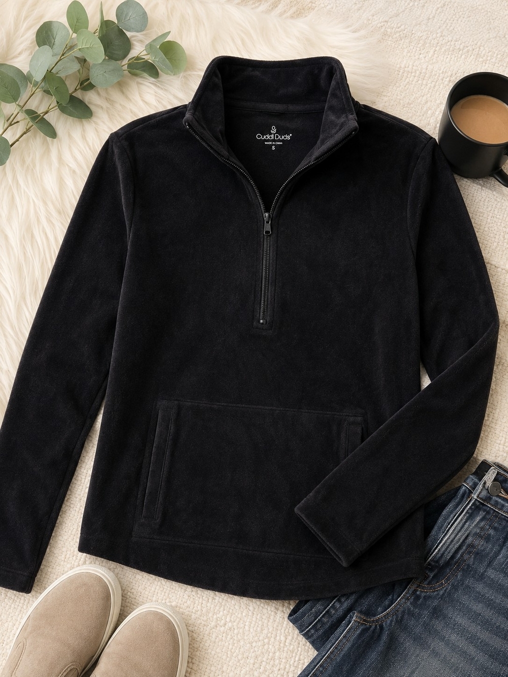 Cuddl Duds Plush Velour Quarter Zip Pullover Black Size Small NWOT